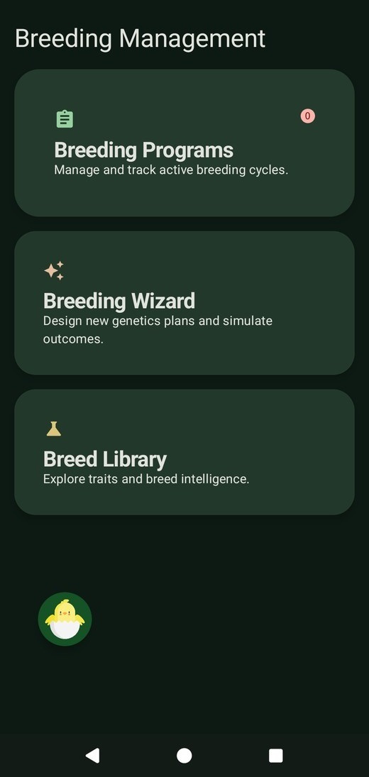 HatchBase screen showing breeding tools and planning data.